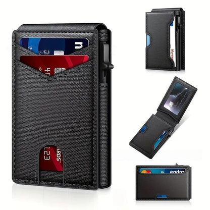 Wallet - With Pop Up Aluminum Case Money Clip Slim Leather Slots Credit Card Holder RFID Blocking Bifold Minimalist Wallet