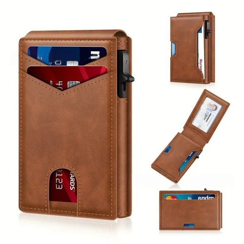 Wallet - With Pop Up Aluminum Case Money Clip Slim Leather Slots Credit Card Holder RFID Blocking Bifold Minimalist Wallet