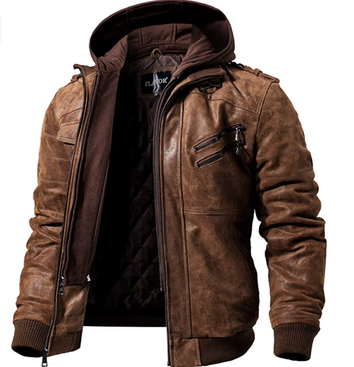 FLAVOR Men Brown Leather Motorcycle Jacket with Removable Hood