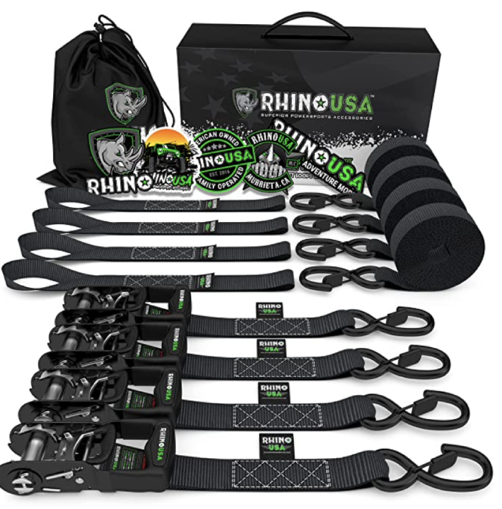 RHINO USA Ratchet Straps Tie Down Kit, 5,208 Break Strength - Includes (4) Heavy Duty 1.6 x 8' Rachet (+5 colors)