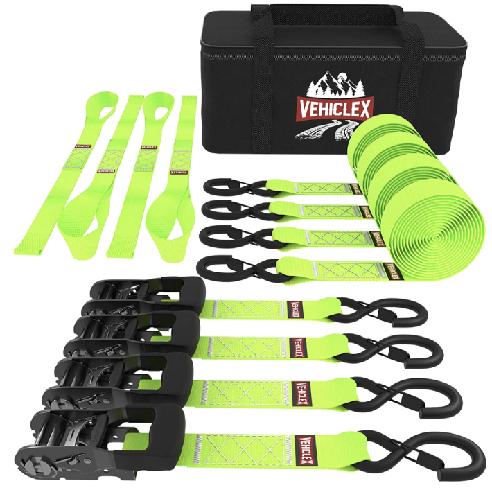 Vehiclex Ratchet Strap Tie Downs – 1.5 x 8 ft – (4PK Green Kit) Heavy Duty Rachet Tiedowns