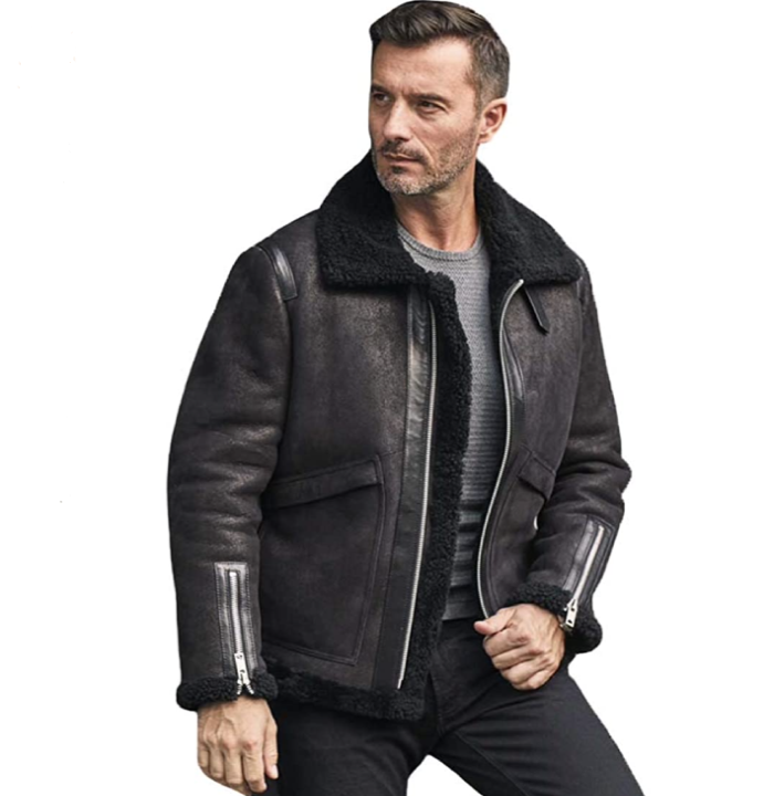 Denny&Dora New Shearling Coat Mens Motorcycle Leather Jacket Short