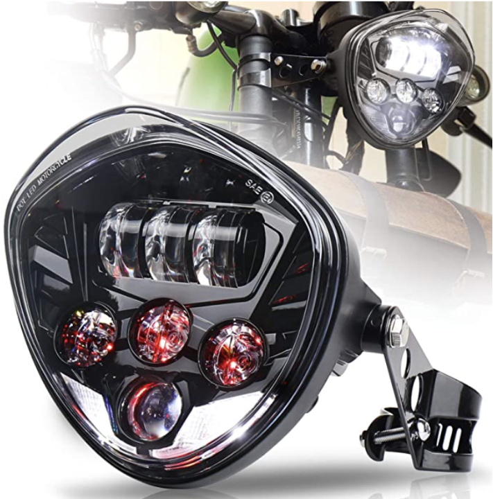 Motorcycle Headlight 7inch with Bracket Clamp Red Background White DRL Hi_Low Beam for Universal Motorcycle