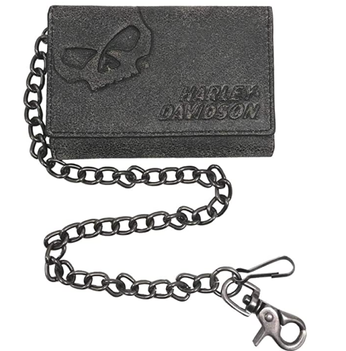 Harley-Davidson Burnished Tri-Fold Skull Biker Chain Wallet BM2625L-TanBlk